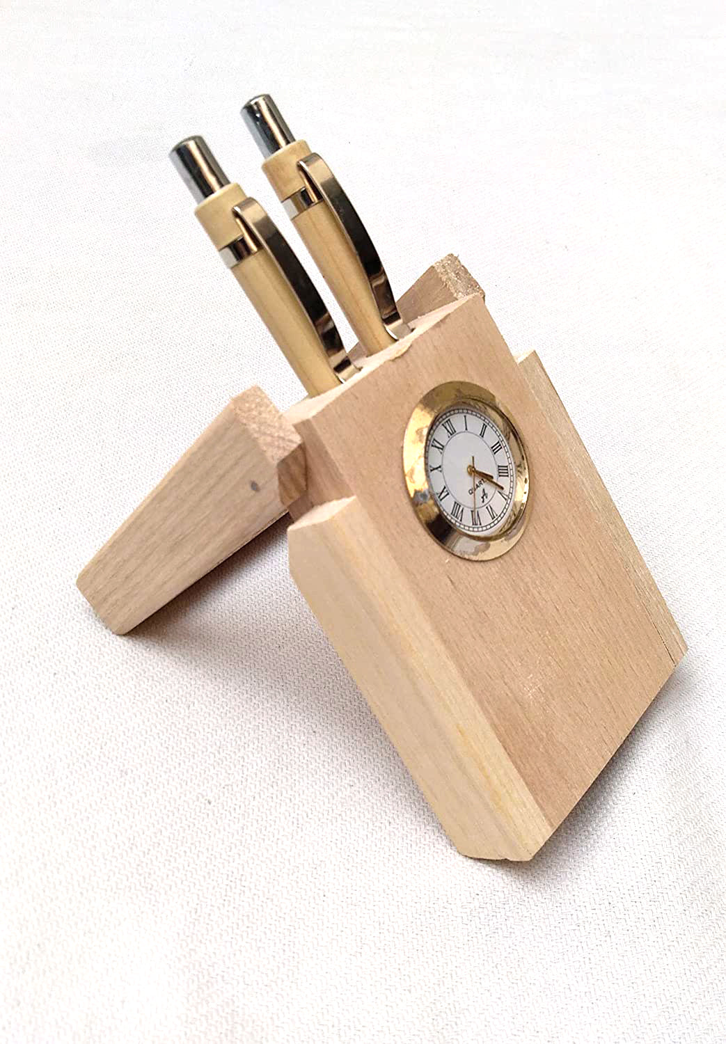 Wooden Single or Double Pen Stand with Clock for Office Table Decoration , Desk Organizer for Office Dime Store