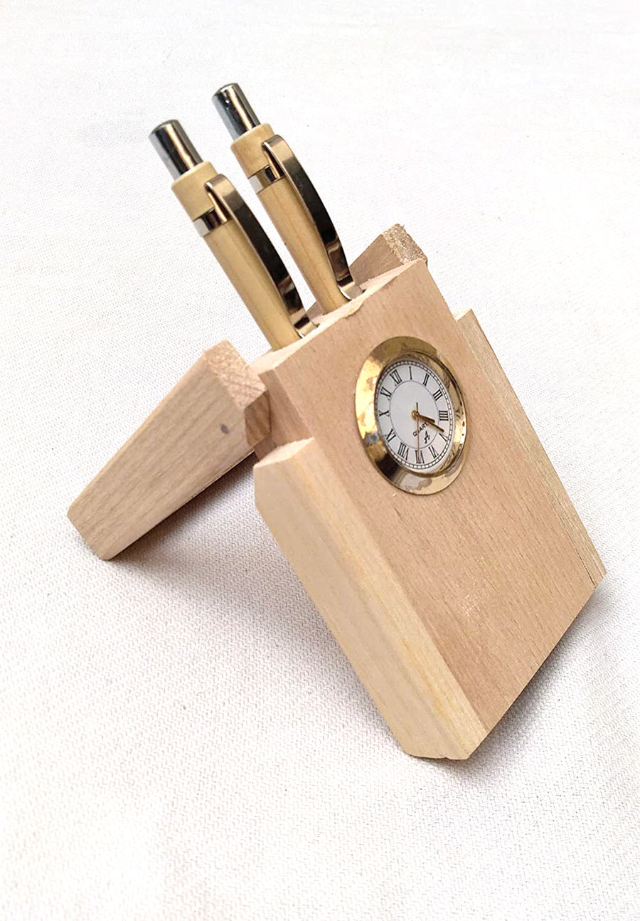 Wooden Single or Double Pen Stand with Clock for Office Table Decoration , Desk Organizer for Office Dime Store