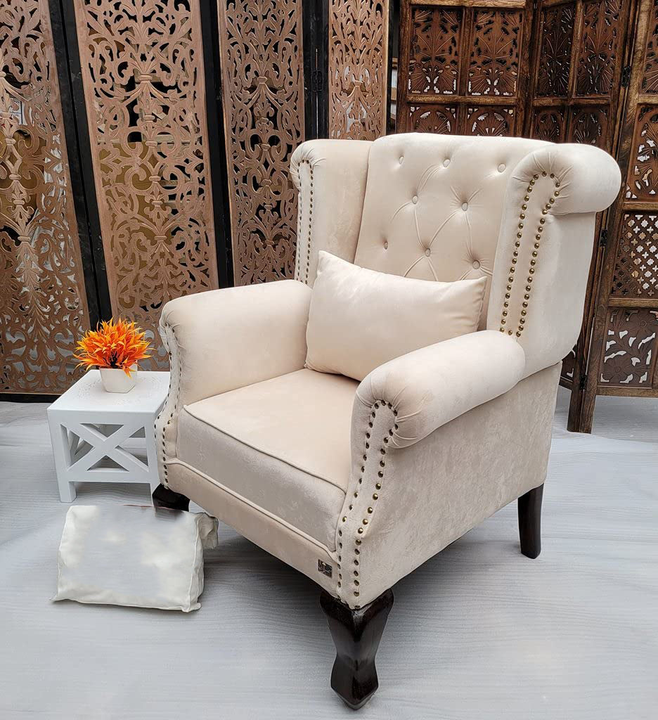 Wooden Furniture Living Room Single Seater Armchair with Fabric Accent and Wingback and Solid Wooden Legs Dime Store