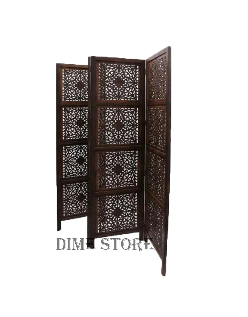Wooden 4 Panel Traditional Partition | Curtains for Bedroom Wall Screen Room Separator Divider for Livingroom | Partition for Room Decoration Dime Store