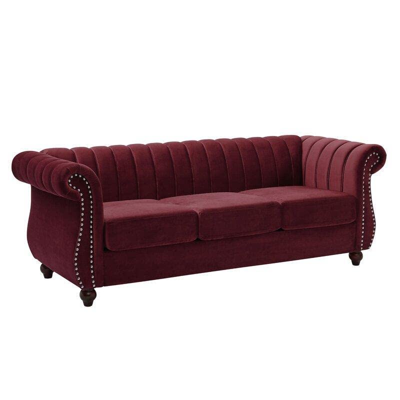 Wooden Designer Velvet Rolled Arm Chesterfield Sofa 3 Seater Couch Lounge Dime Store