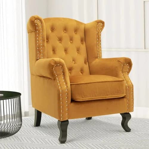 Wooden Furniture Living Room Single Seater Armchair with Fabric Accent and Wingback and Solid Wooden Legs Dime Store