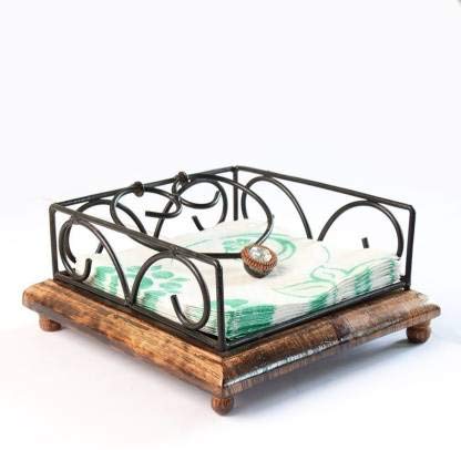 Wrought Iron and Wooden Napkin Holder for Dining Table, Kitchen - Tissue Paper Stand for Restaurant, Bathroom - Handmade Iron Tissue Box, Brown Dime Store