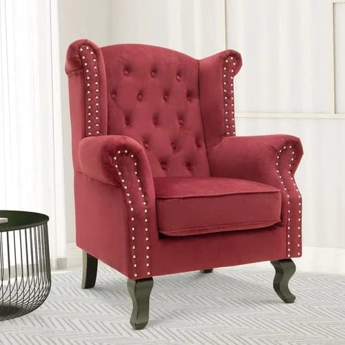Wooden Furniture Living Room Single Seater Armchair with Fabric Accent and Wingback and Solid Wooden Legs Dime Store