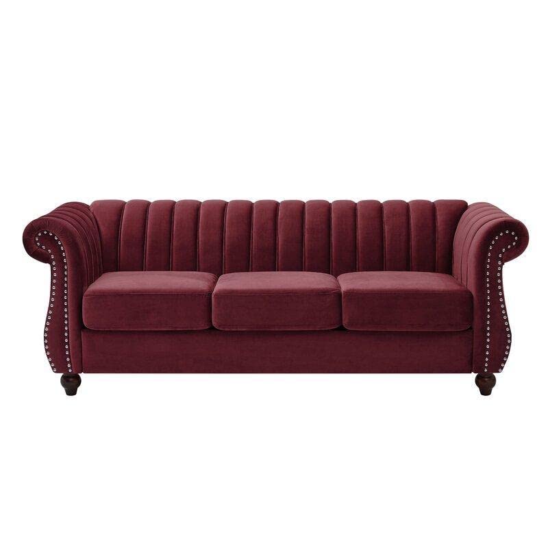 Wooden Designer Velvet Rolled Arm Chesterfield Sofa 3 Seater Couch Lounge Dime Store