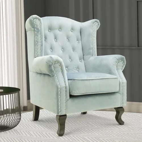 Wooden Furniture Living Room Single Seater Armchair with Fabric Accent and Wingback and Solid Wooden Legs Dime Store