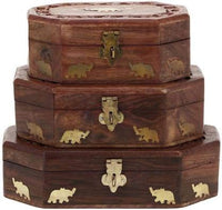 Thumbnail for Wooden Handmade Jewellery Box Set of 3 , Jewellery Jewel Boxes Storage Box Organizer Gift Box for Women Necklace Earring Set Bangles Churi Holder Dime Store