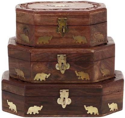Wooden Handmade Jewellery Box Set of 3 , Jewellery Jewel Boxes Storage Box Organizer Gift Box for Women Necklace Earring Set Bangles Churi Holder Dime Store