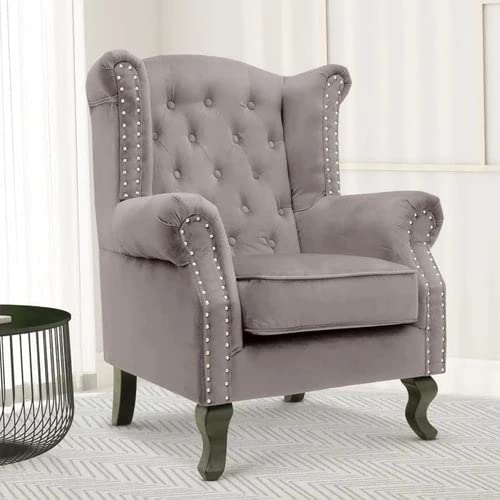 Wooden Furniture Living Room Single Seater Armchair with Fabric Accent and Wingback and Solid Wooden Legs Dime Store