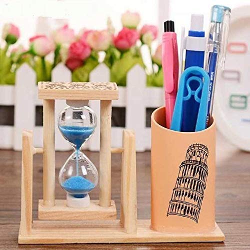 Wooden Pen Stand with Hour Glass Timer , Desk Organizer for Office Table Pencil Holder, Multipurpose Use Dime Store