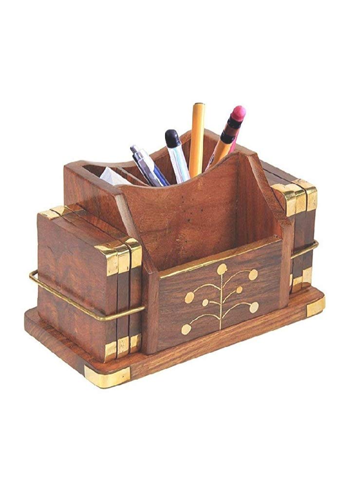 Wooden Desk Organizer, Pen and Pencil Stand | Office supplies | Table Storage Organizer | Office Desk Accessories, Pen Stands for Office Use Dime Store