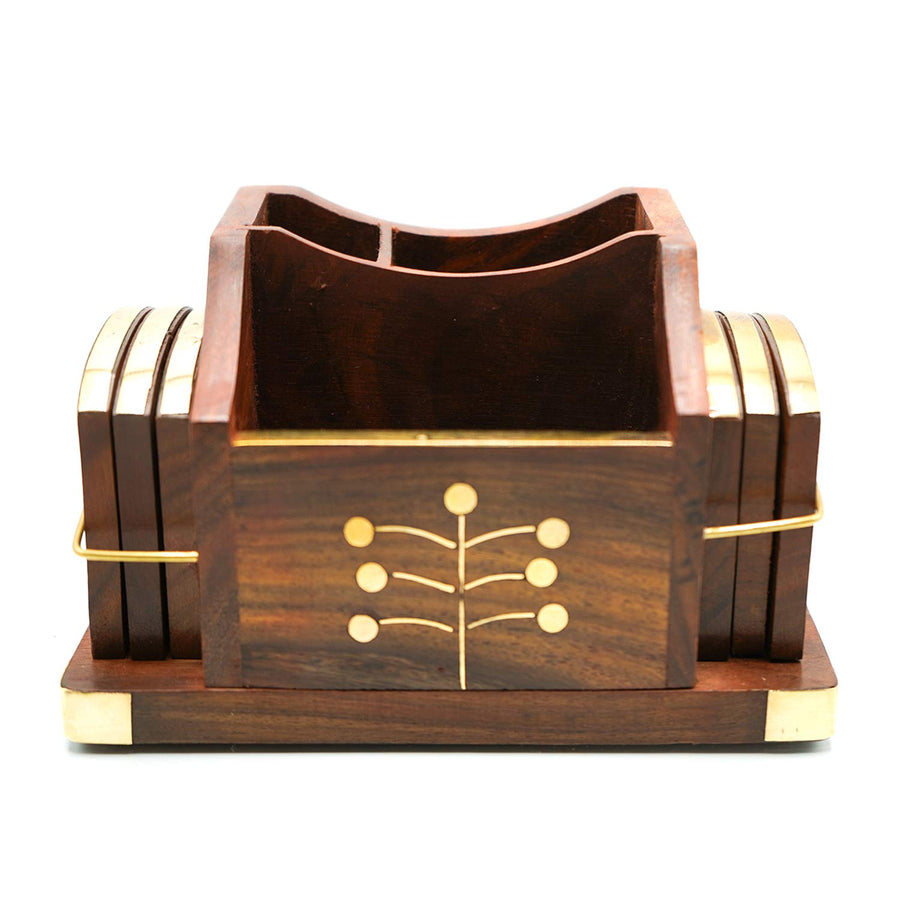 Wooden Coasters Cum Phone Stand and Visiting Card Holder, Coaster Set of 6 for Tea Cups Coffee Mugs Beer Cans Bar Tumblers and Water Glasses Dime Store