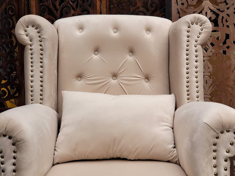 Wooden Furniture Living Room Single Seater Armchair with Fabric Accent and Wingback and Solid Wooden Legs Dime Store
