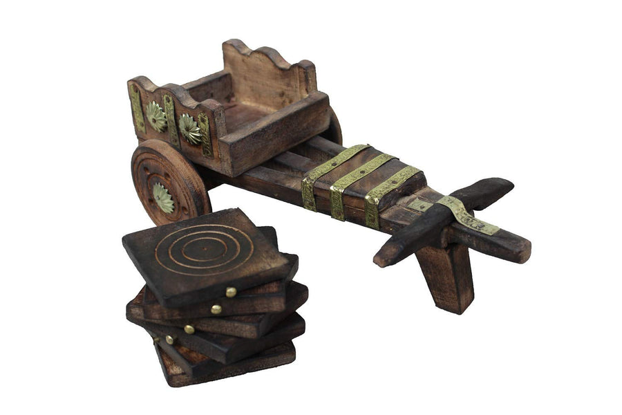 Wooden Decorative Bull cart Shaped Coaster for Office & Home , Coaster Set of 6 Dime Store