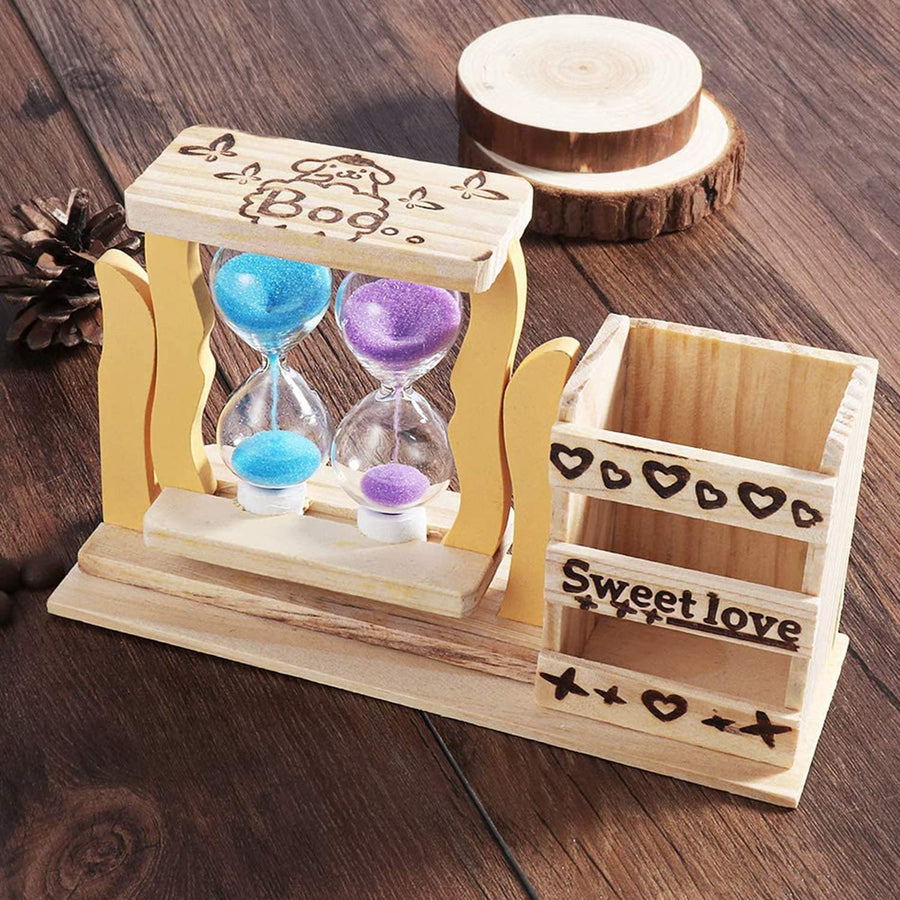 Wooden Pen Stand with Hour Glass Timer , Desk Organizer for Office Table Pencil Holder, Multipurpose Use Dime Store