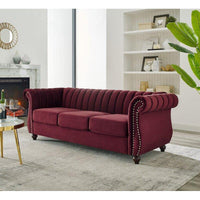 Thumbnail for Wooden Designer Velvet Rolled Arm Chesterfield Sofa 3 Seater Couch Lounge Dime Store