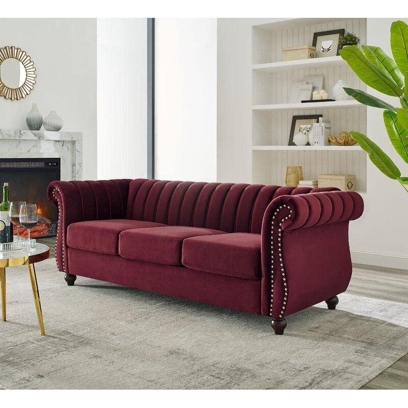 Wooden Designer Velvet Rolled Arm Chesterfield Sofa 3 Seater Couch Lounge Dime Store