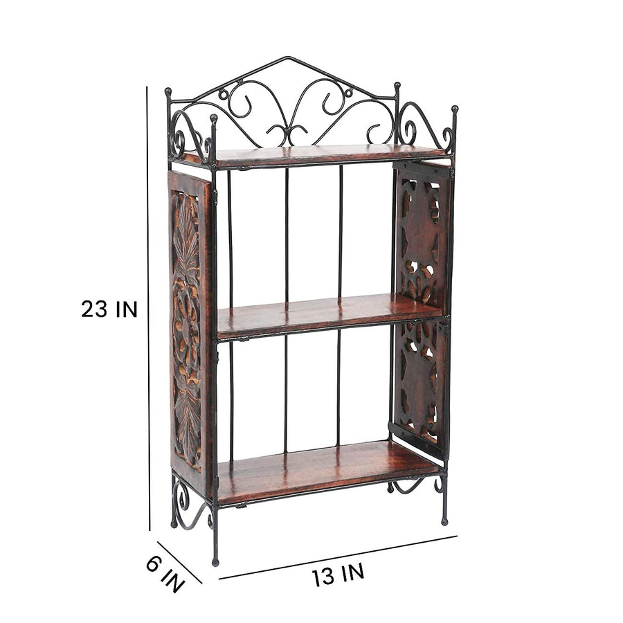Wrought Iron & Wooden Cutlery Racks Foldable Spice Shelf Rack Kitchen Bathroom Counter top Storage Holder Organizer (3 Tier, Large) Dime Store
