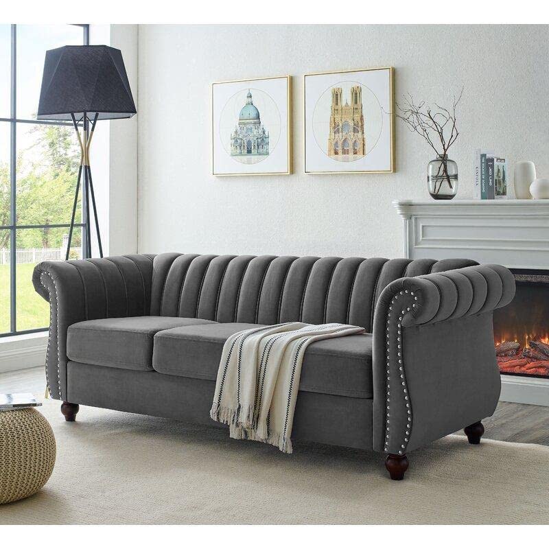 Wooden Designer Velvet Rolled Arm Chesterfield Sofa 3 Seater Couch Lounge Dime Store
