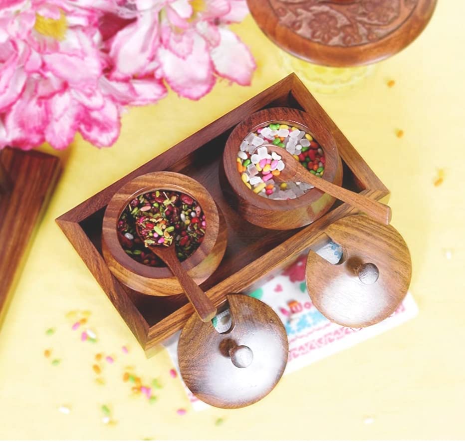 Wooden Handmade Spice Holders Supari Saunf Container Set Dry fruit Box Masala Container Mukhwas Tray Set , Spice Rack Dime Store