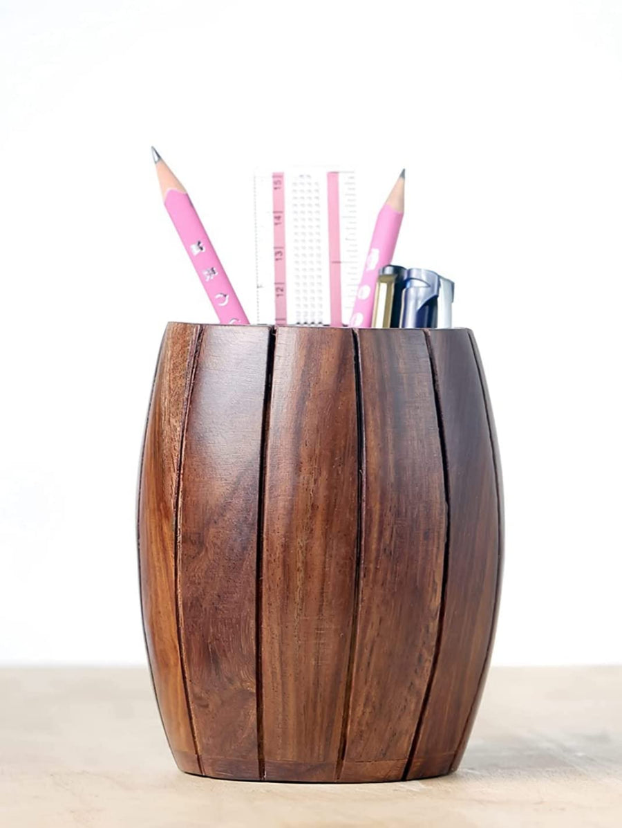 Wooden Handmade Barrell Shaped Pen Stand, Pencil Holder Desk Accessories Multiple Use Desktop Storage Organizer Dime Store