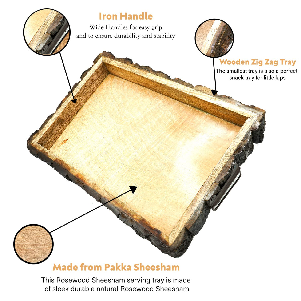 Sheesham Wooden Tray, Multipurpose Handmade & Handcrafted Serving Tray, Rectangular Wooden Nested Platter - Size (37 x 17 x 2.5cm) Dime Store
