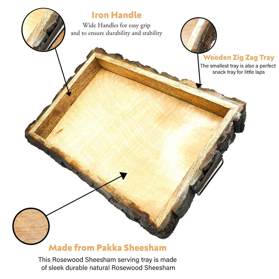 Sheesham Wooden Tray, Multipurpose Handmade & Handcrafted Serving Tray, Rectangular Wooden Nested Platter - Size (37 x 17 x 2.5cm) Dime Store