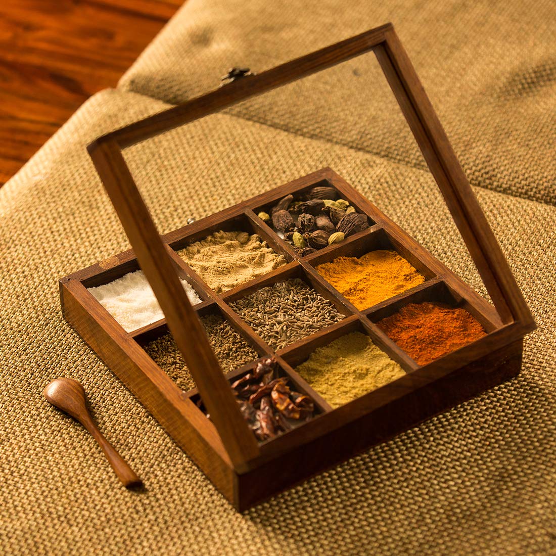Wooden Masala Box Spice Holder for Kitchen , Multipurpose Decorative Boxes Masala Dabba Organizer Dime Store