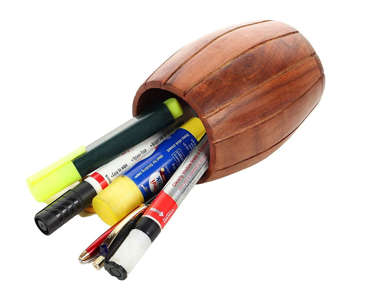 Wooden Handmade Barrell Shaped Pen Stand, Pencil Holder Desk Accessories Multiple Use Desktop Storage Organizer Dime Store