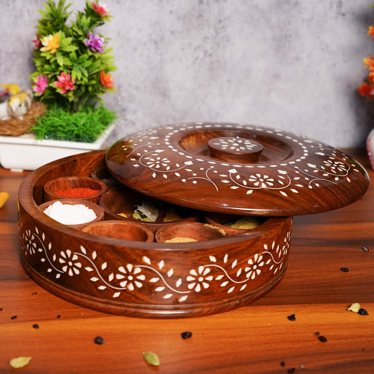Wooden Masala Box with Spoon, Round Spice Box for Kitchen with Lid Decorative Handmade Masala Dabba Organizer Containers Dime Store