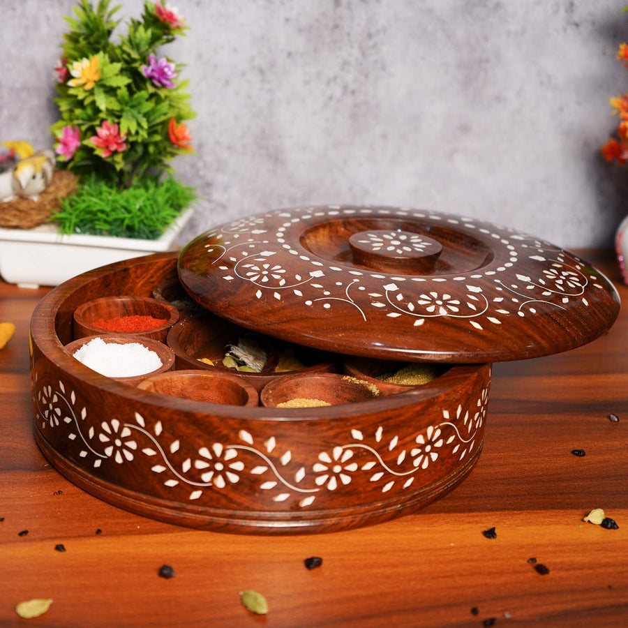 Wooden Masala Box with Spoon, Round Spice Box for Kitchen with Lid Decorative Handmade Masala Dabba Organizer Containers Dime Store