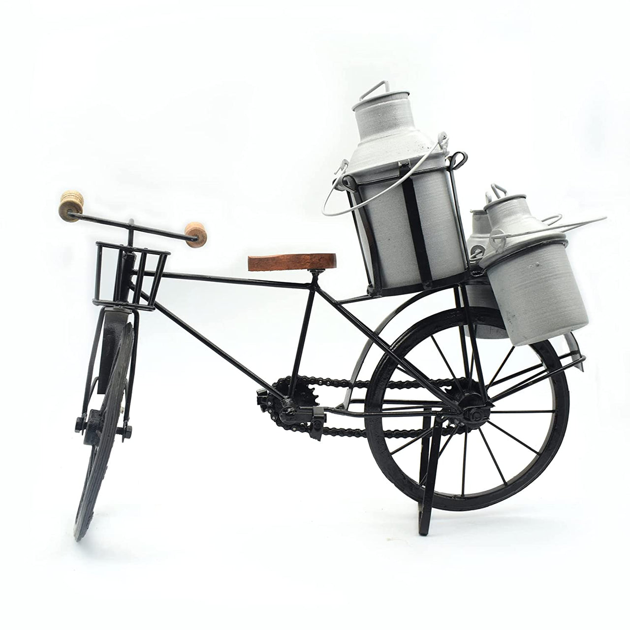 Antique Wooden and Wrought Iron Milk Man Cycle Showpiece with Three Milk Cans for Home Decor Dime Store