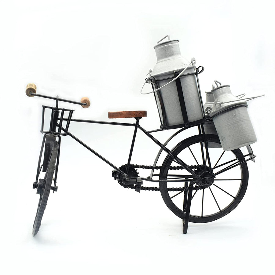 Antique Wooden and Wrought Iron Milk Man Cycle Showpiece with Three Milk Cans for Home Decor Dime Store