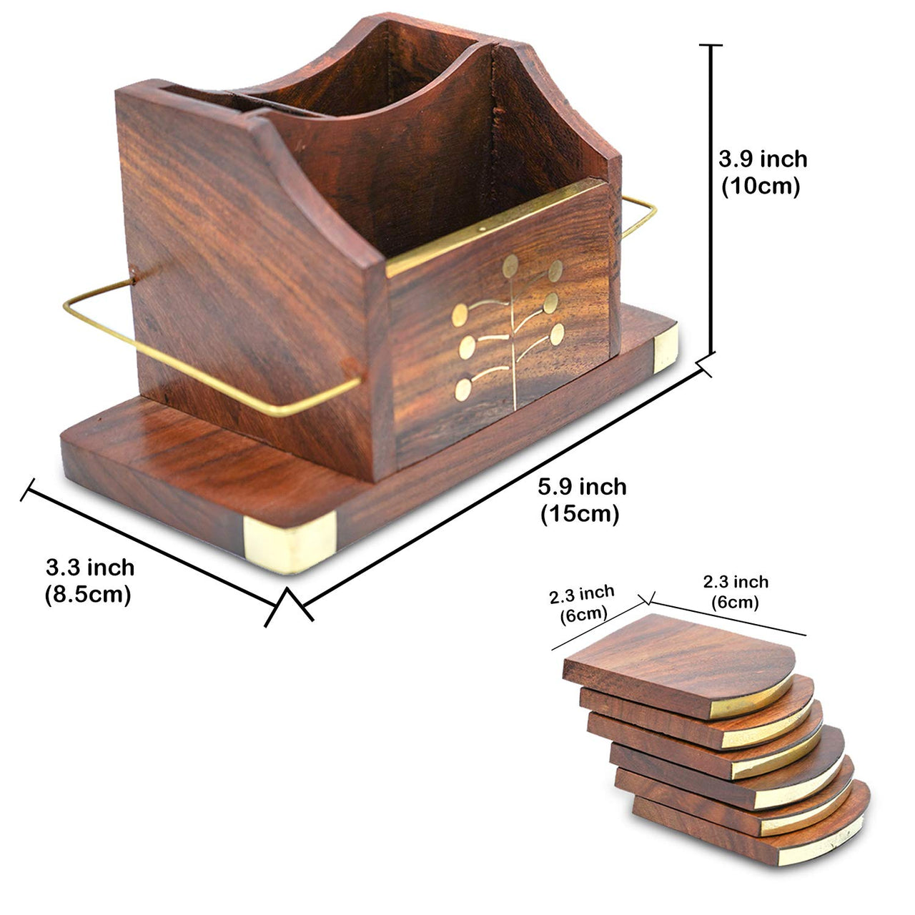 Wooden Coasters Cum Phone Stand and Visiting Card Holder, Coaster Set of 6 for Tea Cups Coffee Mugs Beer Cans Bar Tumblers and Water Glasses Dime Store