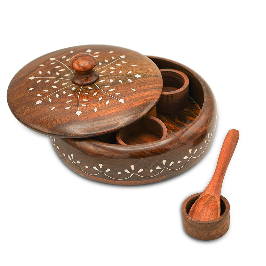 Wooden Masala Box with Spoon, Round Spice Box for Kitchen with Lid Decorative Handmade Masala Dabba Organizer Containers Dime Store