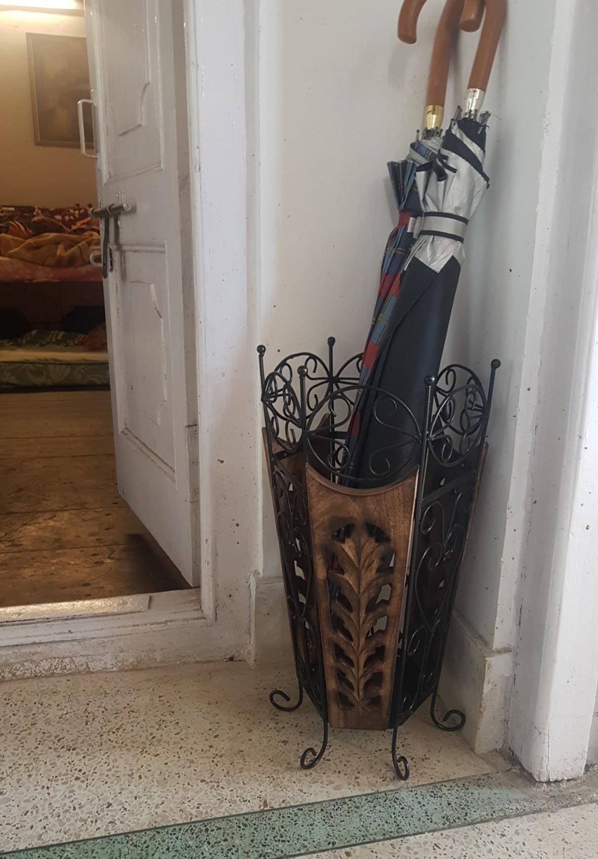 Wooden and Wrought Iron Umbrella Stand Cum Planter for Livingroom Office Bedroom Garden Dime Store