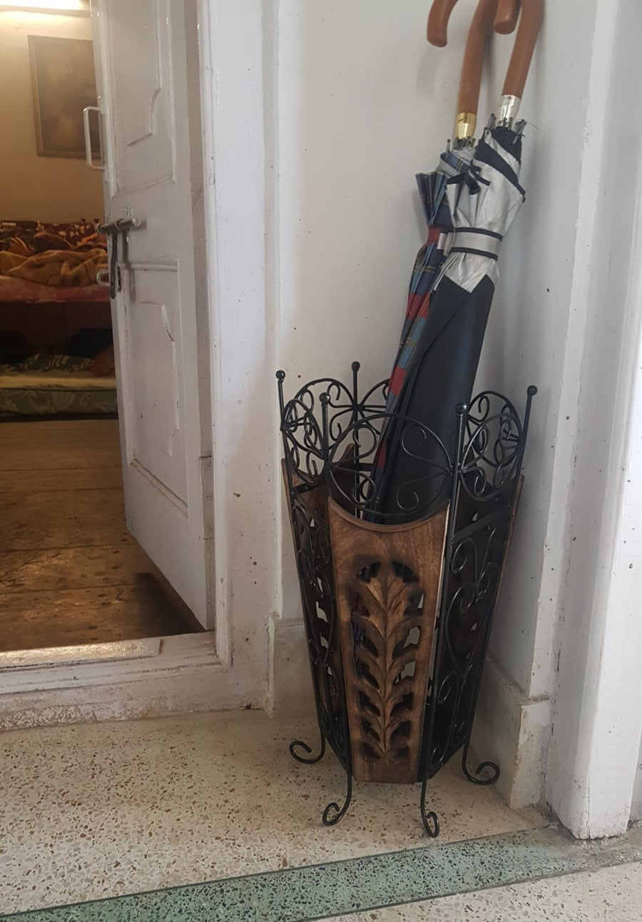 Wooden and Wrought Iron Umbrella Stand Cum Planter for Livingroom Office Bedroom Garden Dime Store