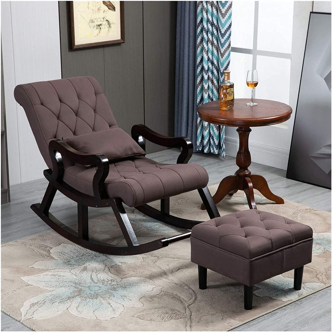 Wooden Recliner Standard Cushioned Rocking Chair with Foot Stool | Rolling Easy Chair | Chair for Parents | Chair for Living Room Dime Store
