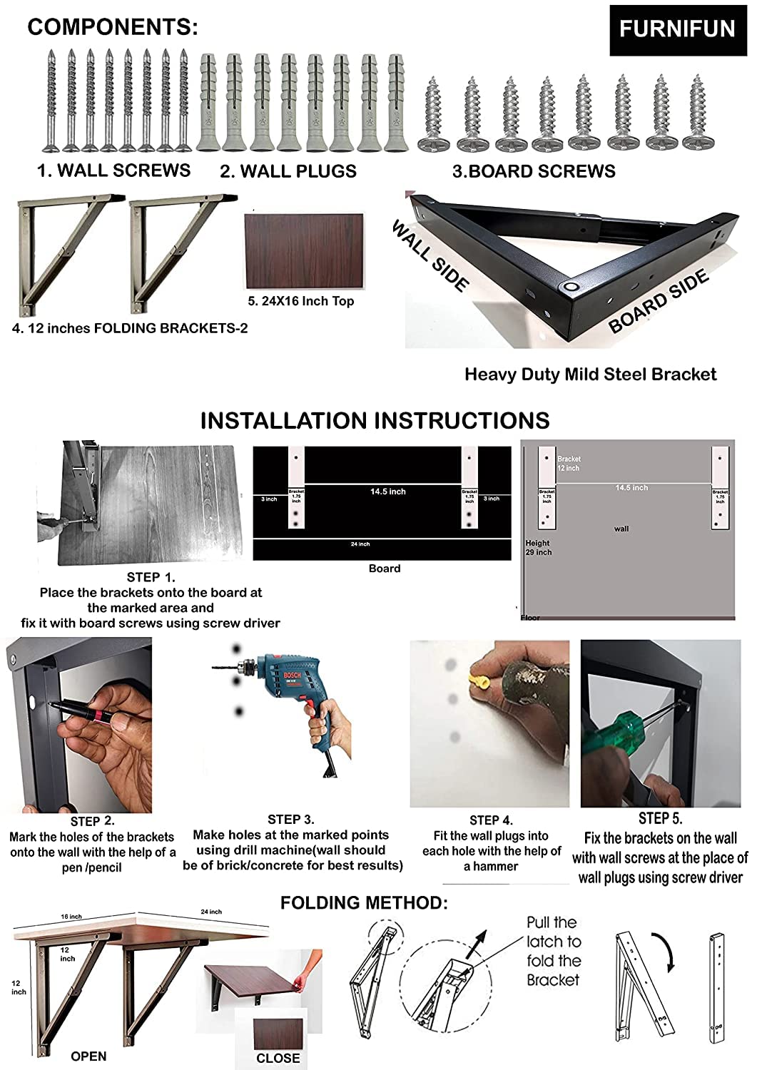 Wall Mount Folding Table Wall Shelf with Wall Brackets | Study Table Computer Laptop Table Workstation Desk Dime Store