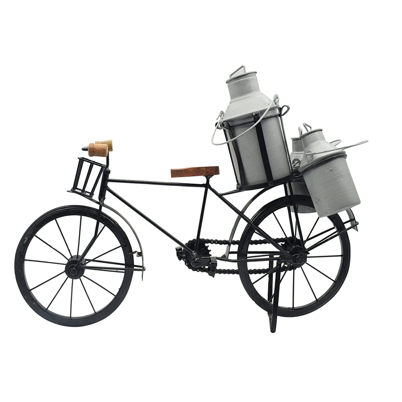 Antique Wooden and Wrought Iron Milk Man Cycle Showpiece with Three Milk Cans for Home Decor Dime Store