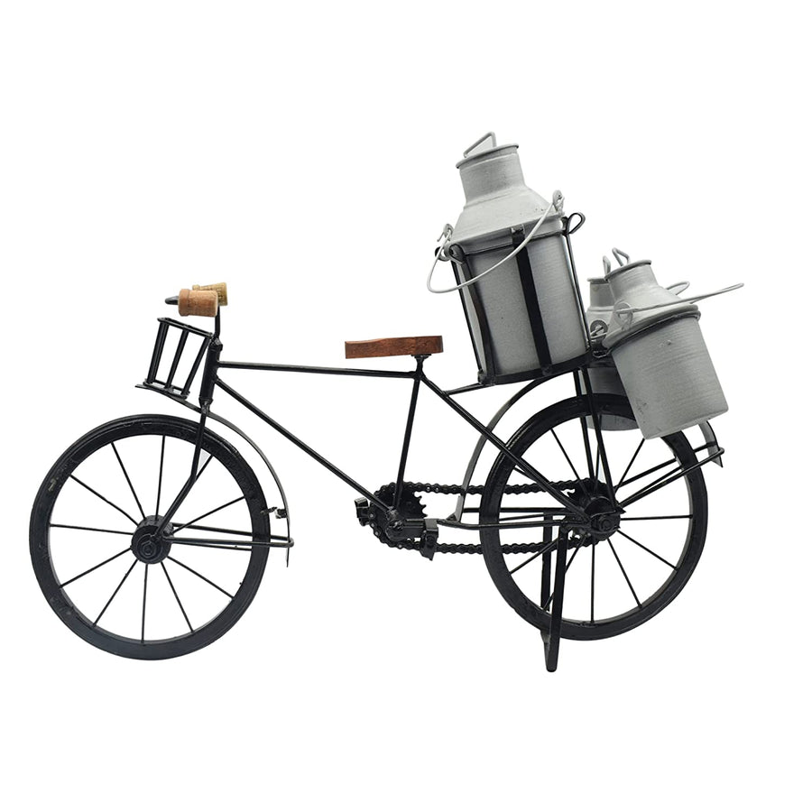 Antique Wooden and Wrought Iron Milk Man Cycle Showpiece with Three Milk Cans for Home Decor Dime Store