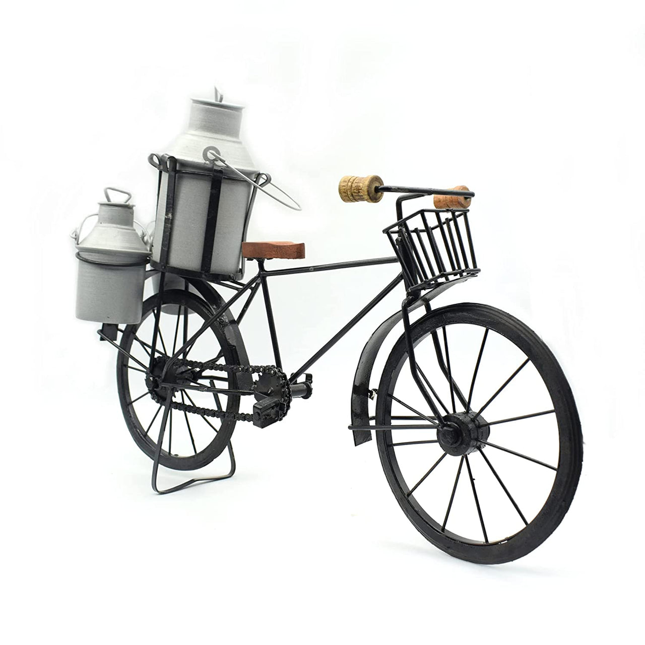 Antique Wooden and Wrought Iron Milk Man Cycle Showpiece with Three Milk Cans for Home Decor Dime Store