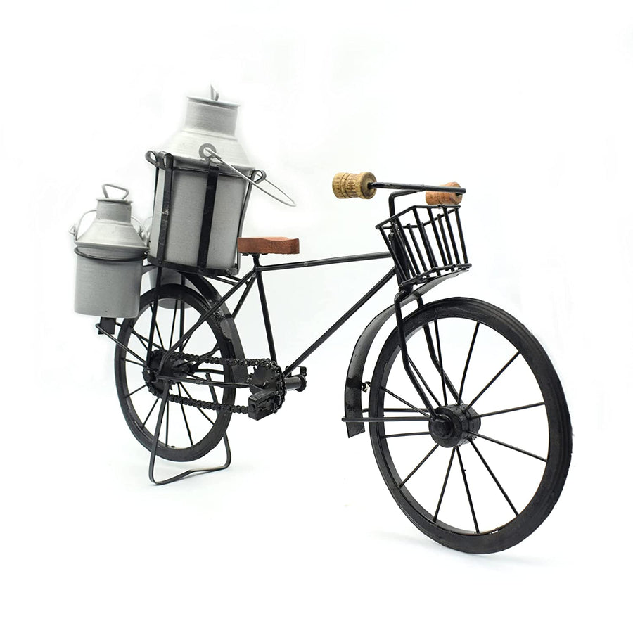 Antique Wooden and Wrought Iron Milk Man Cycle Showpiece with Three Milk Cans for Home Decor Dime Store