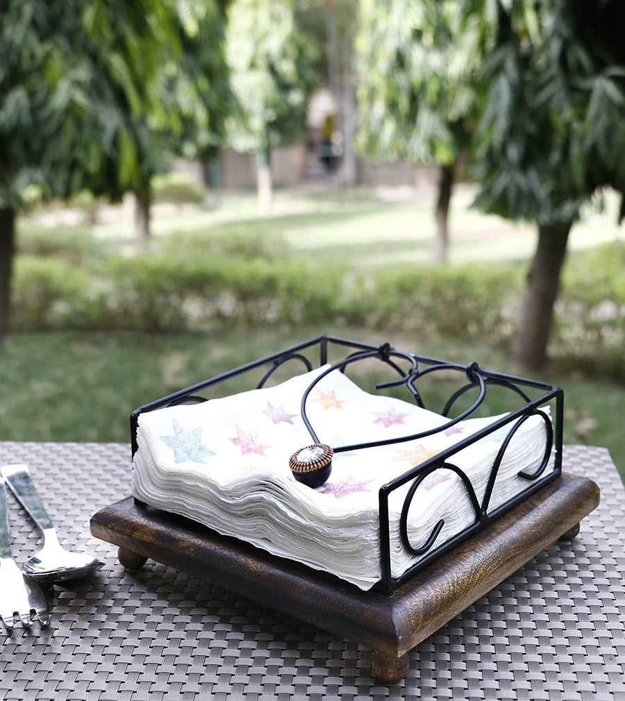 Wrought Iron and Wooden Napkin Holder for Dining Table, Kitchen - Tissue Paper Stand for Restaurant, Bathroom - Handmade Iron Tissue Box, Brown Dime Store
