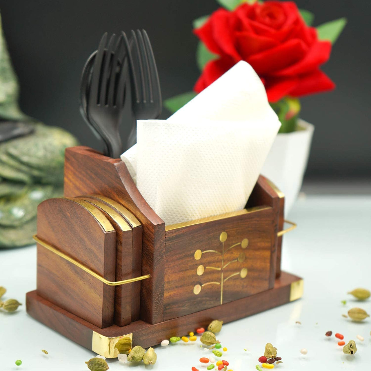 Wooden Handmade Napkin Holder cum Cutlery Holder Decorative and Stylish Wooden Tissue Box for Car, Home, Office Desk, Bathroom and Cafeteria Dime Store