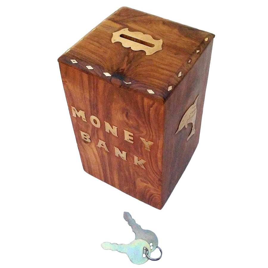 Wooden handcrafted Money Bank for Kids & adults , Gullak for home Décor , Coin Box with Lock Dime Store