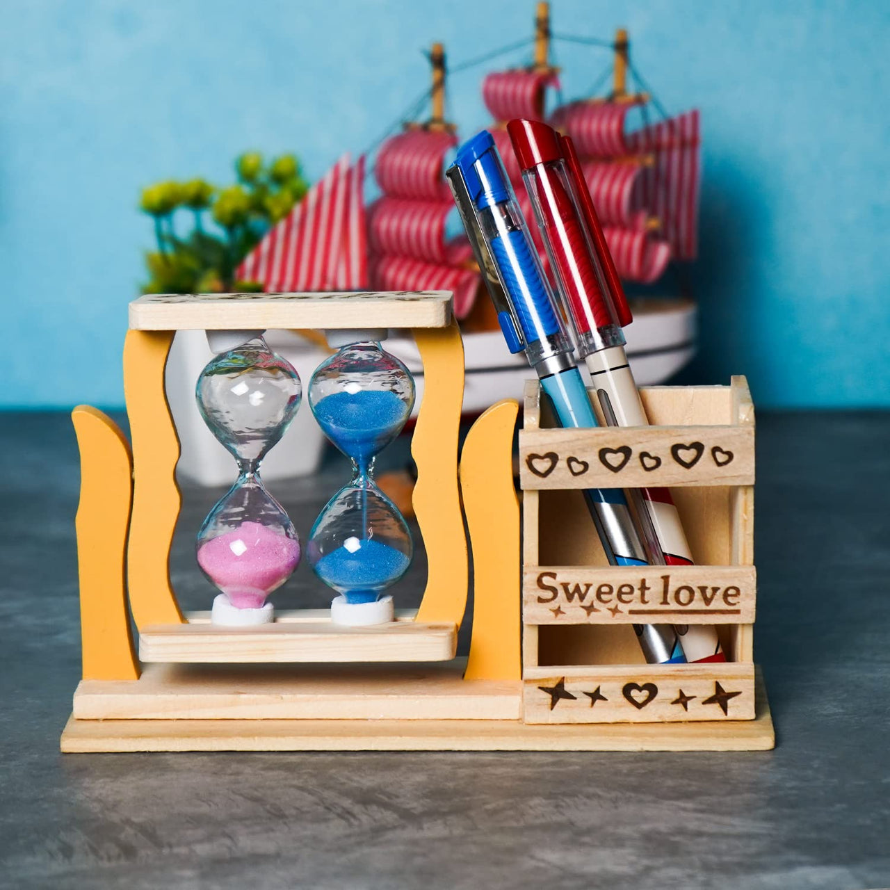 Wooden Pen Stand with Hour Glass Timer , Desk Organizer for Office Table Pencil Holder, Multipurpose Use Dime Store