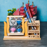 Thumbnail for Wooden Pen Stand with Hour Glass Timer , Desk Organizer for Office Table Pencil Holder, Multipurpose Use Dime Store