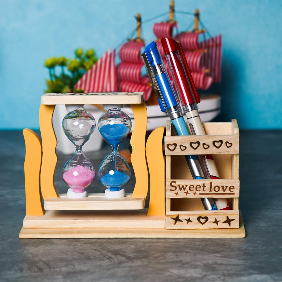 Wooden Pen Stand with Hour Glass Timer , Desk Organizer for Office Table Pencil Holder, Multipurpose Use Dime Store