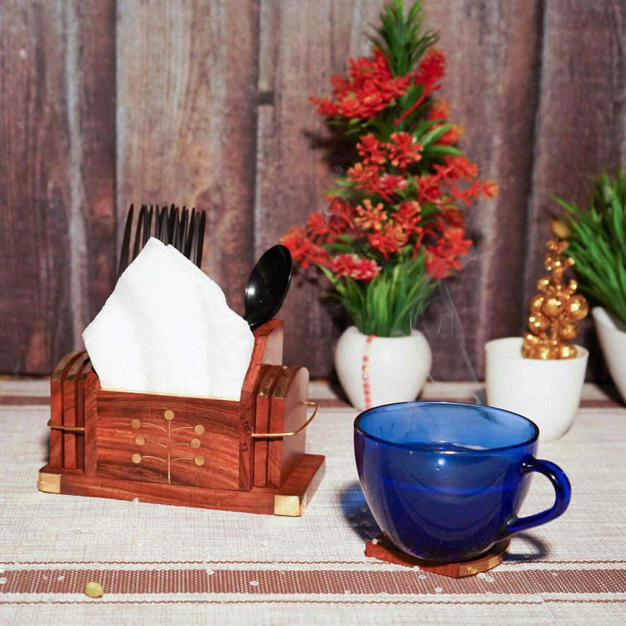 Wooden Coasters Cum Phone Stand and Visiting Card Holder, Coaster Set of 6 for Tea Cups Coffee Mugs Beer Cans Bar Tumblers and Water Glasses Dime Store